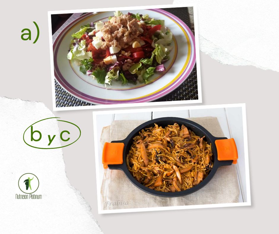 Ensalada de pimientos asados atún y huevo con fideos con chocos y calamares